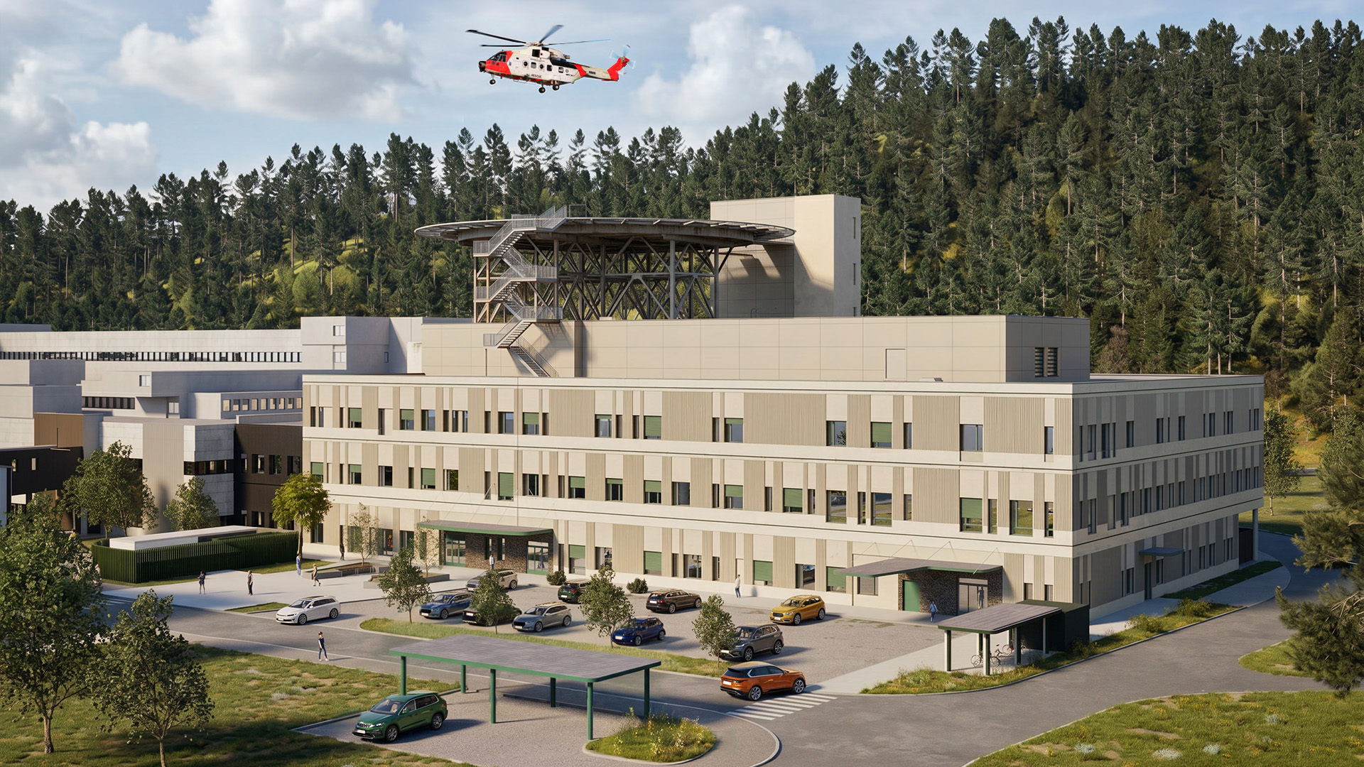 Tegning av en sykehusbygning med et helikopter som flyr over